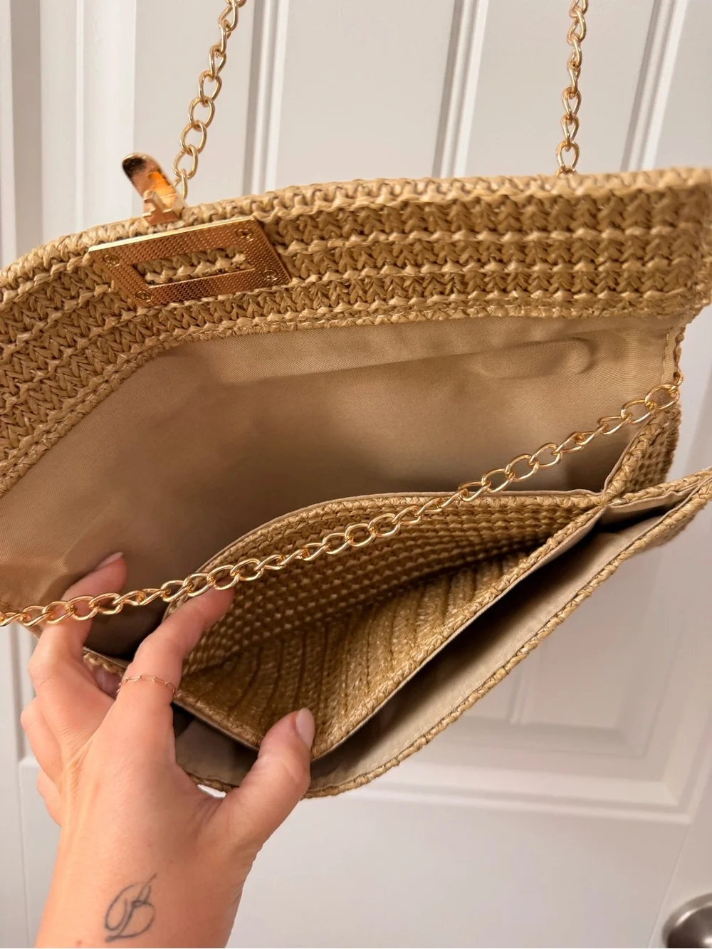 Tan Woven Shoulder Bag with Chain
